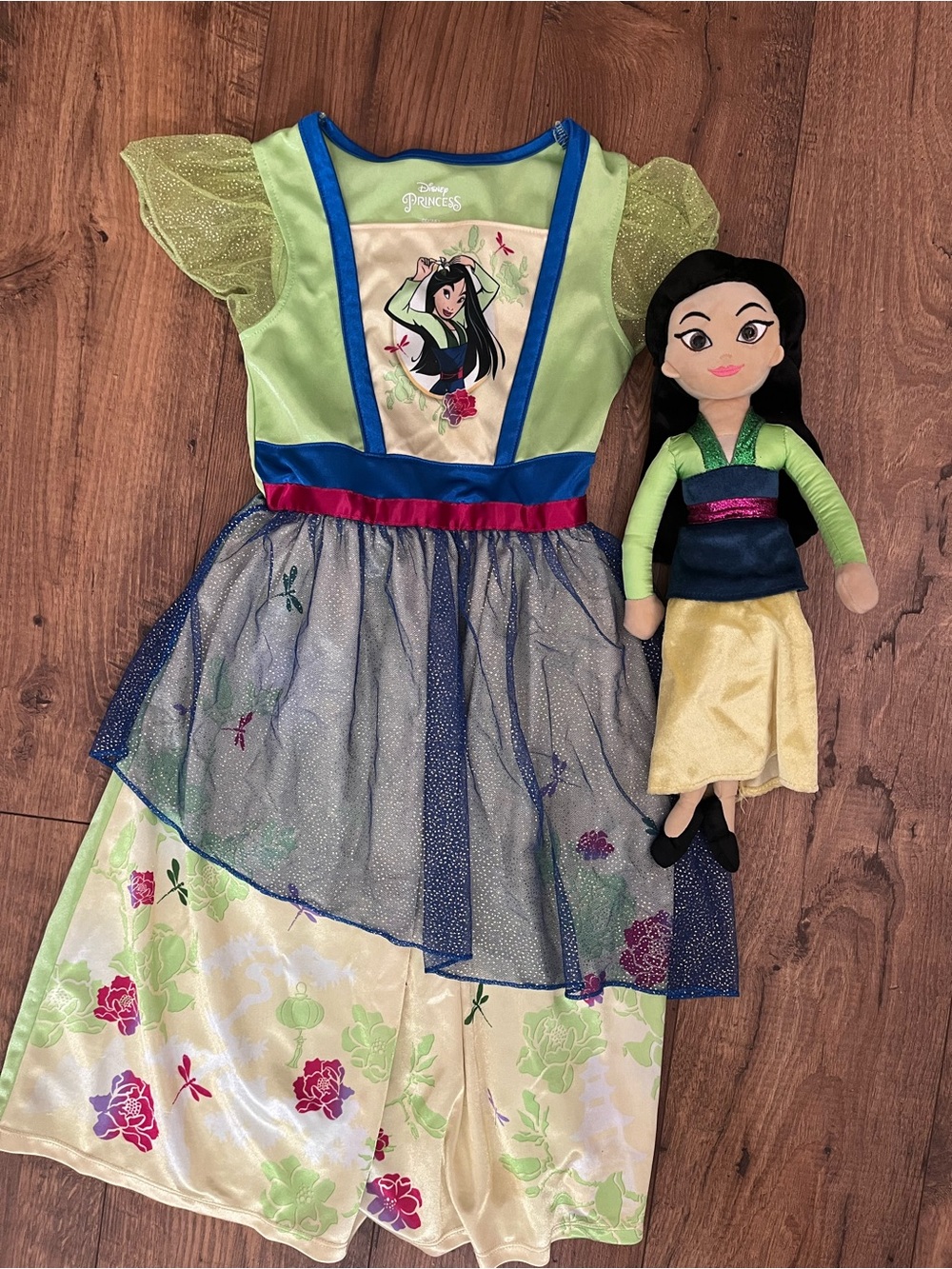 DISNEY MULAN kids SZ S GREEN BLUE MULAN Print nightgown Dress Up and Mulan doll